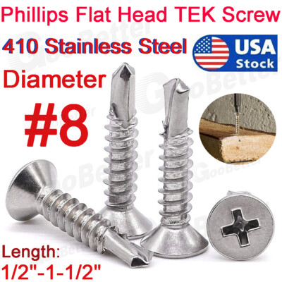 #8 UNC Stainless Steel Phillips Flat Head Self Drilling TEK Screws Countersunk