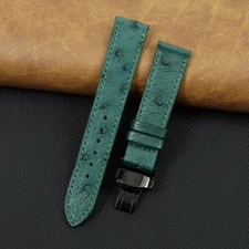 20mm Green Flat Ostrich Leather Watch Band Black Deployment Buckle Strap Classic