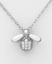 Solid Sterling Silver Little CZ Bee Necklace 16.5" Long 1.83g Dainty Cutie