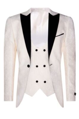 Herren Beige Smoking Blazer Weste Brokat Elfenbein Satin Paisley Abendessen Jacke