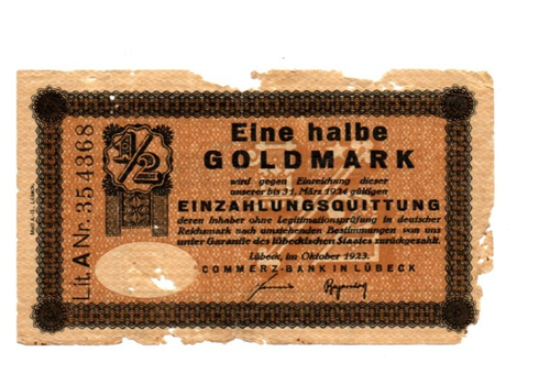 1/2 GOLD MARK VG BANKNOTE FROM GERMANY/LÜBECK 1923 PICK-