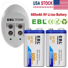 2x 600mAh 9V Rechargeable Li-ion Battery+9 Volt NiMH NiCd 6F22 Batteries Charger