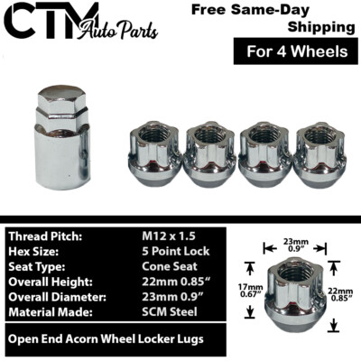 4 Chrome M12x1.5 Anti-Theft Open End Wheel Locks With Key – Fits Genesis & Hyundai Models