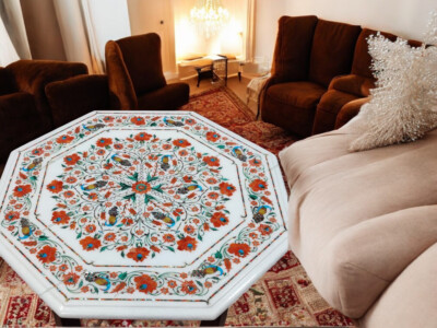 48 '' Handgemacht Weißer Marmor Karneol &semi-precious Stein Inlay Art Tisch Deko