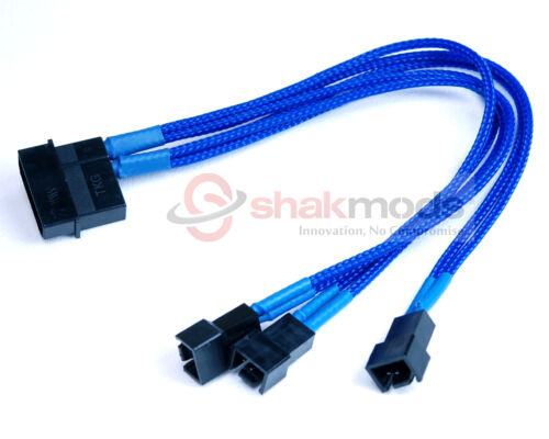 Shakmods Molex to 3 x 3pin Fan 20cm Y Splitter Power Cable 12v Dark Blue Sleeved - Picture 1 of 2