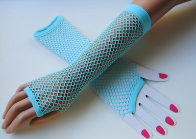 NETZHANDSCHUHE STULPEN - NEON HELLBLAU - EINHEITSGRÖSSE - PARTY  KARNEVAL