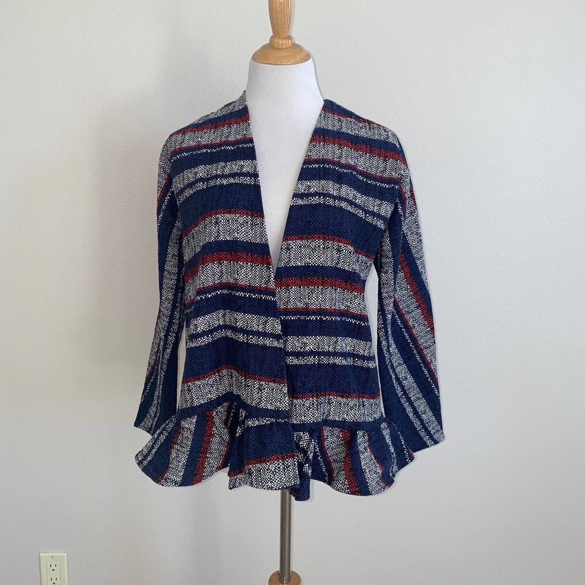 HARVEY FAIRCLOTH Jacket Red White Blue Ruffle Bottom Open Front