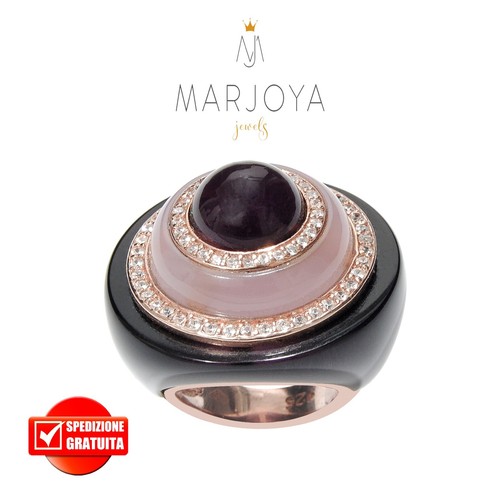 Anello con onice,quarzo bianco,rosa,viola,verde,blu in argento 925 rosè,zirconi - Imagen 6 de 21