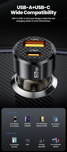 60W USB-C USB-A Car Charger Fast Charging for iPhone Samsung Xiaomi Poco USB - Picture 3 of 14