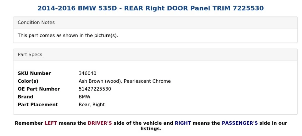 BMW 535D 2014-2016 - Panel puerta trasera derecha embellecedor 7225530 Foto 4 de 4