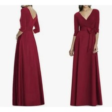 Alfred Sung V Neck Jersey Mikado 3/4 Sleeve Belted Maxi Gown Red Sz 0 D736 NWT