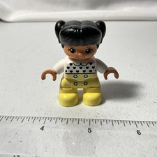 LEGO Duplo Girl Figure Black Hair Pigtails White Heart Shirt Yellow Pants Action
