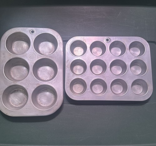 Vintage Aluminum Muffin Pan Lot – Mirro 12‑Cup Mini + Muffinaire 6‑Cup- Retro