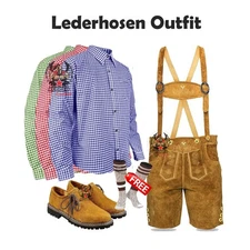 Men's Authentic Bavarian Lederhosen Short German Traditional Oktoberfest Set New