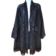 vintage black velvet paisley patterned cardigan with fringed hem sz M/L