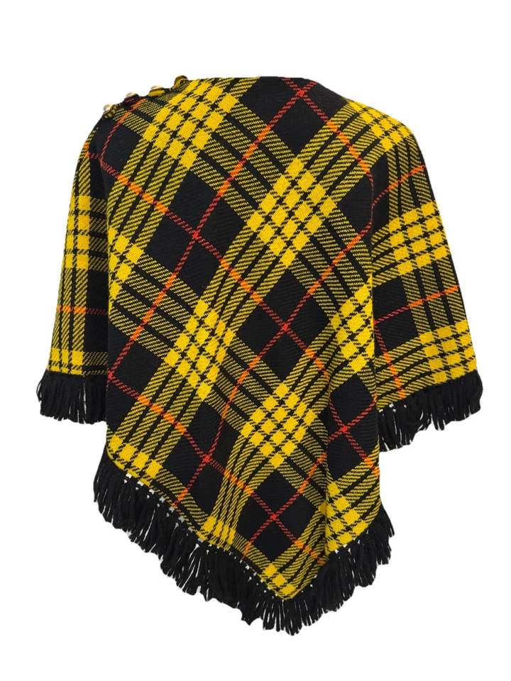 Poncho vintage años 70 a cuadros amarillo negro rojo capa tejido flecos ribete Foto 4 de 4