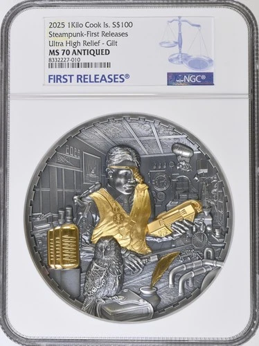 2025 Cook Islands 1 kilo Silver Antique Steampunk: Science Lab NGC MS70 Box/COA