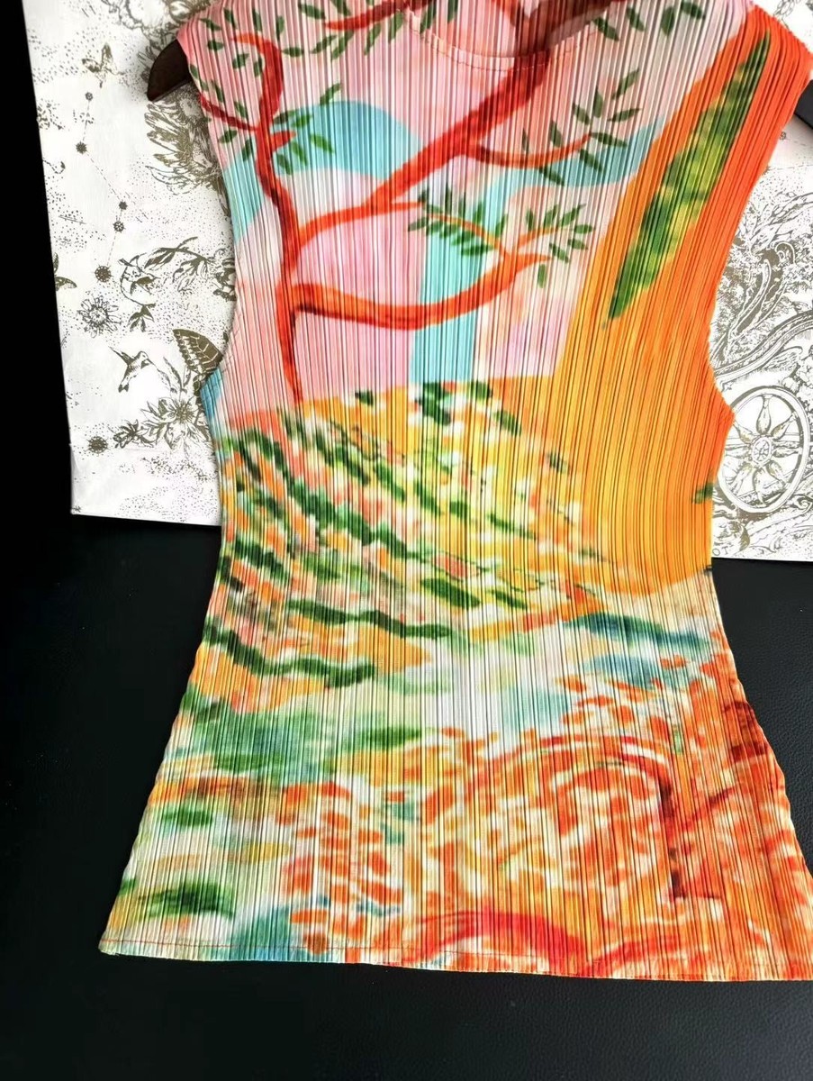 Issey Miyake Pleats Please Inspired Floral Sakura Pattern Tops