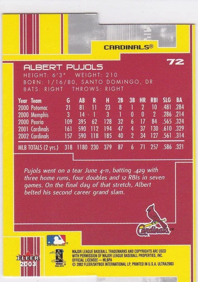 ALBERT PUJOLS 2003 Fleer Ultra DIE-CUT GOLD MEDALLION INSERT Baseball Cardinals! - Image 2 of 2