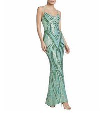 Green Sequin Mesh Maxi Gown with Lace Up Back, Cowl Neck, Formal Party Dress