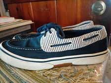 Sperry Men's Navy Blue Striped Boat Shoes Nautical Deck Canvas Sneakers Size 9