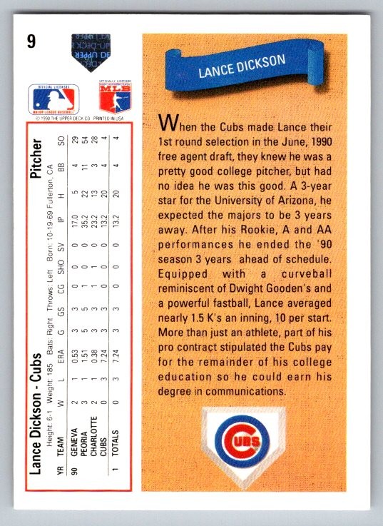 1991 Upper Deck Lance Dickson #9 Chicago Cubs