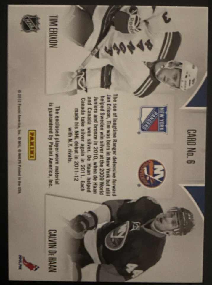 2012 Panini Rookie Rivalry Tim Erixon/Calvin De Haan Dual Patch Card - Image 2 of 3
