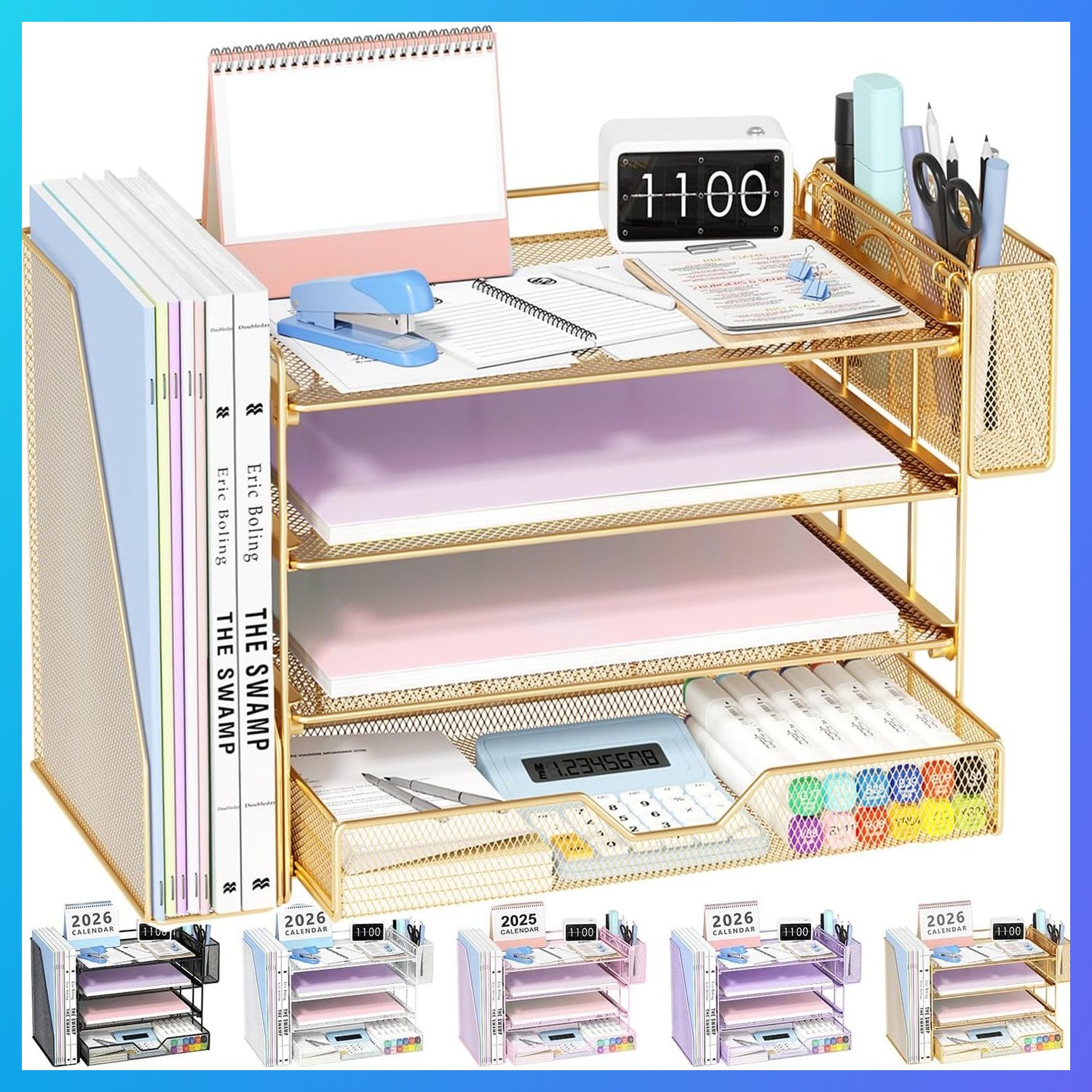 Desk Organizers and Accessories, 4-Tier Desktop File Organizer with Drawer and P