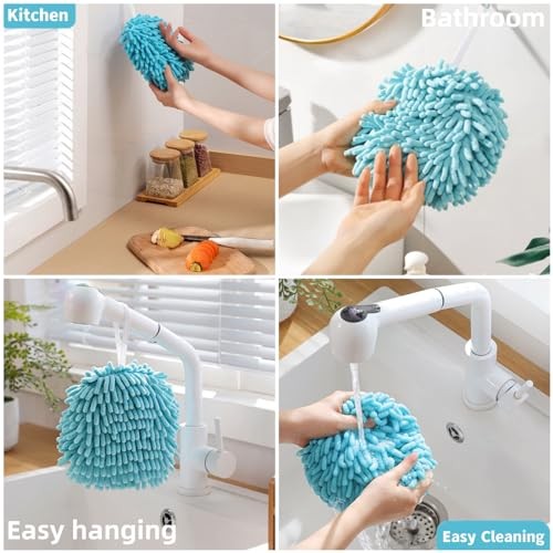 2 Pcs Fuzzy Ball Hand Towels, Microfiber Chenille Hand Towel Balls for 2 Blue - Picture 4 of 8