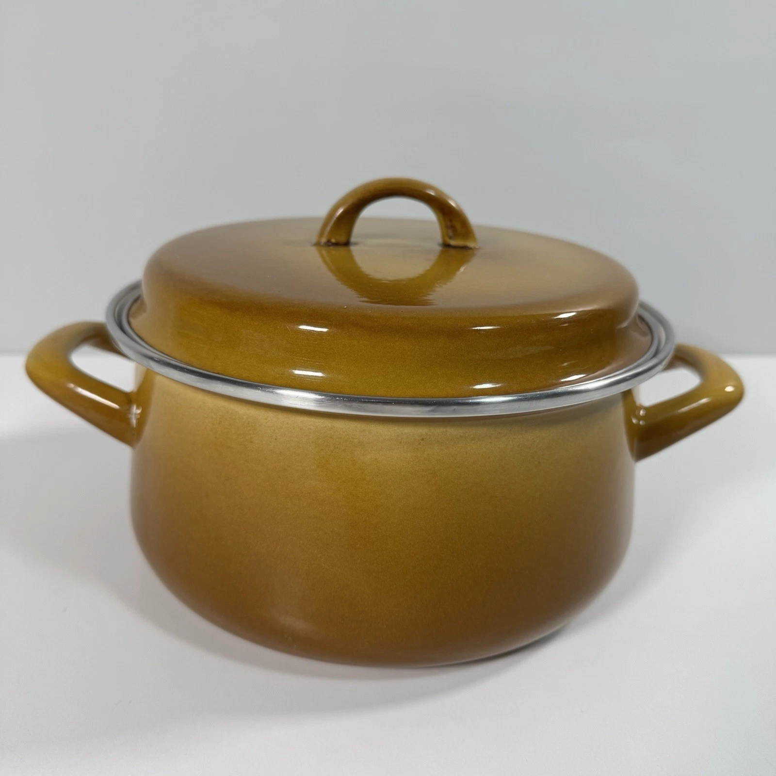 Vintage Enamel Stock Pot Lid Mustard Brown Kitchenalia Casserole Mid Century