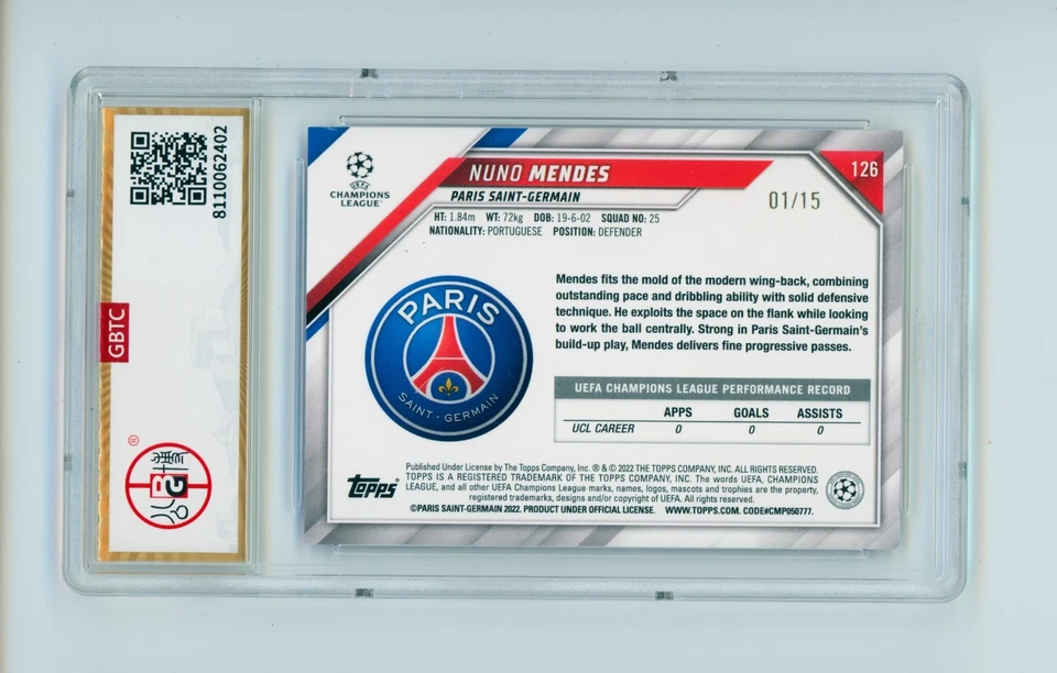 2021-22 Nuno Mendes Topps Jade Lavender Foil PSG Rookie Card 1/15 GBTC 9.5 - Image 2 of 3