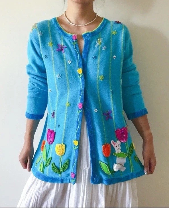 Quacker Factory Size 1X Blue Easter Bunny Floral Novelty Womens Cardigan Sweater - Image 3 of 4