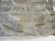 Vintage Sheer Hostess Apron   Lace Trim, Daisy Pockets   L/XL   50s-60s Style