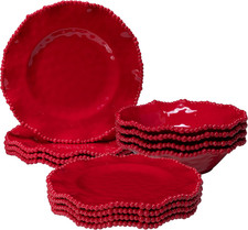 12 Pcs Christmas Melamine Dinnerware Set, Ruffled Rim Plates & Bowls