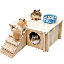 Wooden Hamster Hideout House Gerbil Hut Climbing Ladder Platform Cave Decor