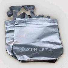 Athleta Metallic Silver Reusable Shopping Tote Bag (Lot of 2) 14 x 14 x 6 inches