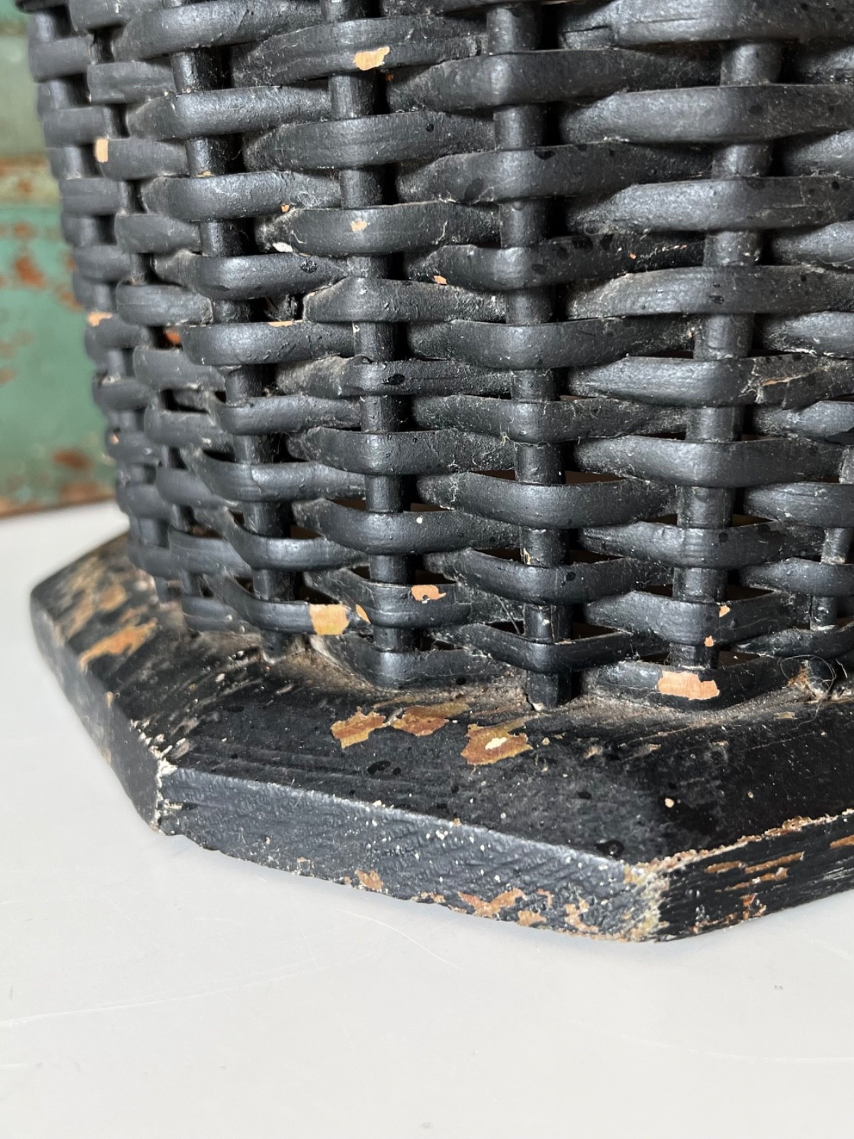 Antique Funeral Flower Basket Black Painted Wicker Woven Mourning Display