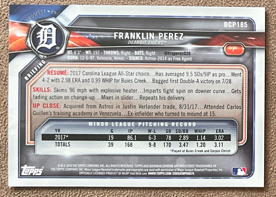Franklin Perez 2018 Bowman Chrome Orange Refractor Rookie #BCP185