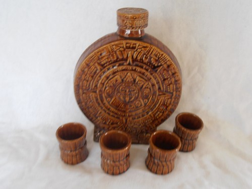 Mexican Pottery Tequila Decanter Bottle 4 Cups Mexico Aztec Mayan Sun Calendar