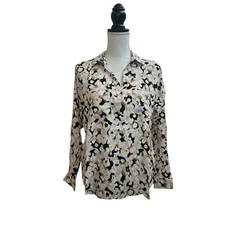 Loft Blouse Top Womens Small Multi Animal Print Double Chest Pockets Collared