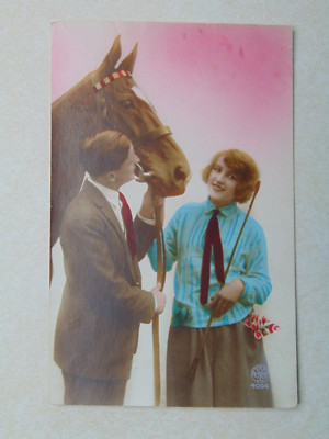 D2777 Postcard Couple with their Horse colorized