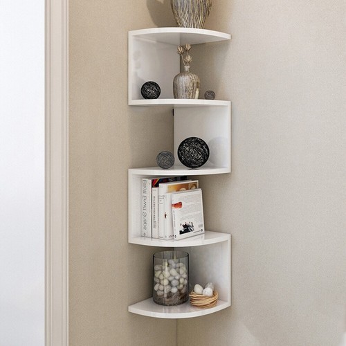 White 5 Tier Floating Corner Shelf Wooden Storage Display Rack Unit Wall Mounted - Picture 4 of 11