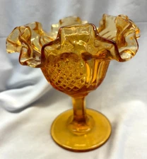 Unmarked  Amber Glass Diamond Point Ruffled  Compote Candy Dish Vintage 5.5"