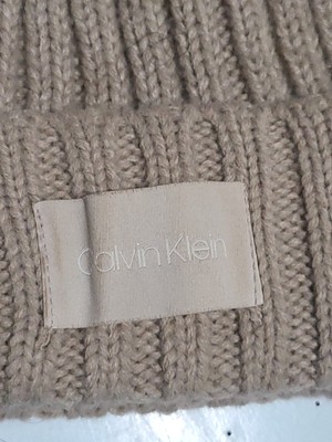 Calvin Klein Tan Knit Faux Fur Pom Pom Ski Beanie Winter Hat 