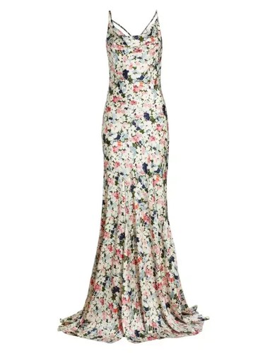 NWT CINQ À SEPT Side Slit Garden Bloom Julissa Silk Cowl Neck Gown Size 0 $795 - Picture 2 of 19