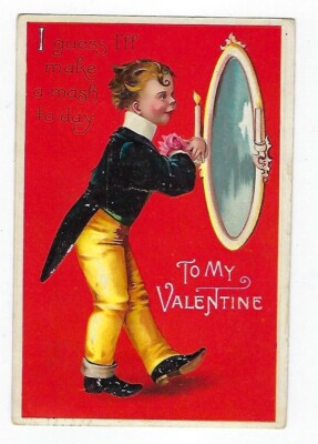 1913 Clapsaddle Valentine PC Boy In Tux Admiring Himself In Mirror International
