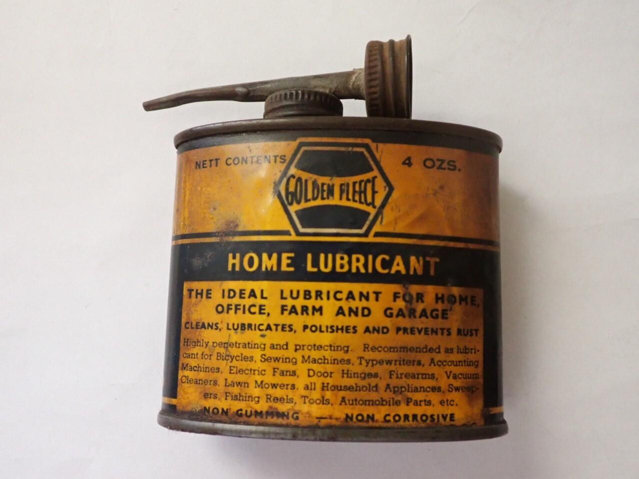 GOLDEN FLEECE HOUSEHOLD OIL HANDY OILER 4 Ozs TIN SMALL c1920s VERY