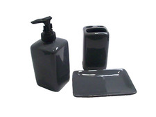 Bath Accessories Set Gray Ceramic Soap Dish Toothbrush Holder Pump Minimal 3 Pc