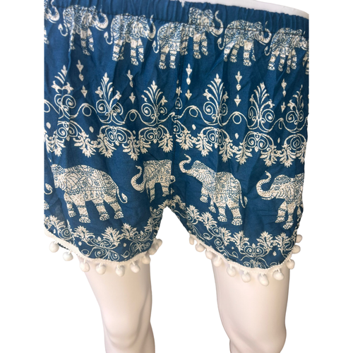 Pantalones Cortos Unisex Tailandia 10 Elefante Estilo Informal Azul Blanco Mezcla con Pom Pom - Imagen 4 de 4