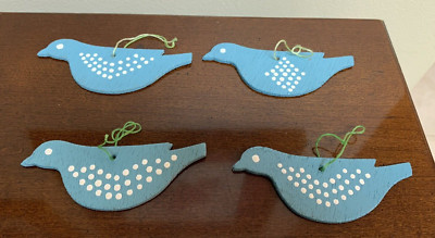 Vintage Lot of 4 Hand Painted Christmas Ornaments Balsa Wood Bluebird Blue Birds